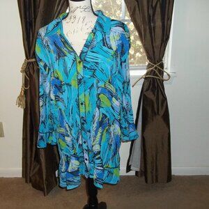 Maggie Barnes blouse Crinkle Stretch vibrant tropical-inspired print in size 3X